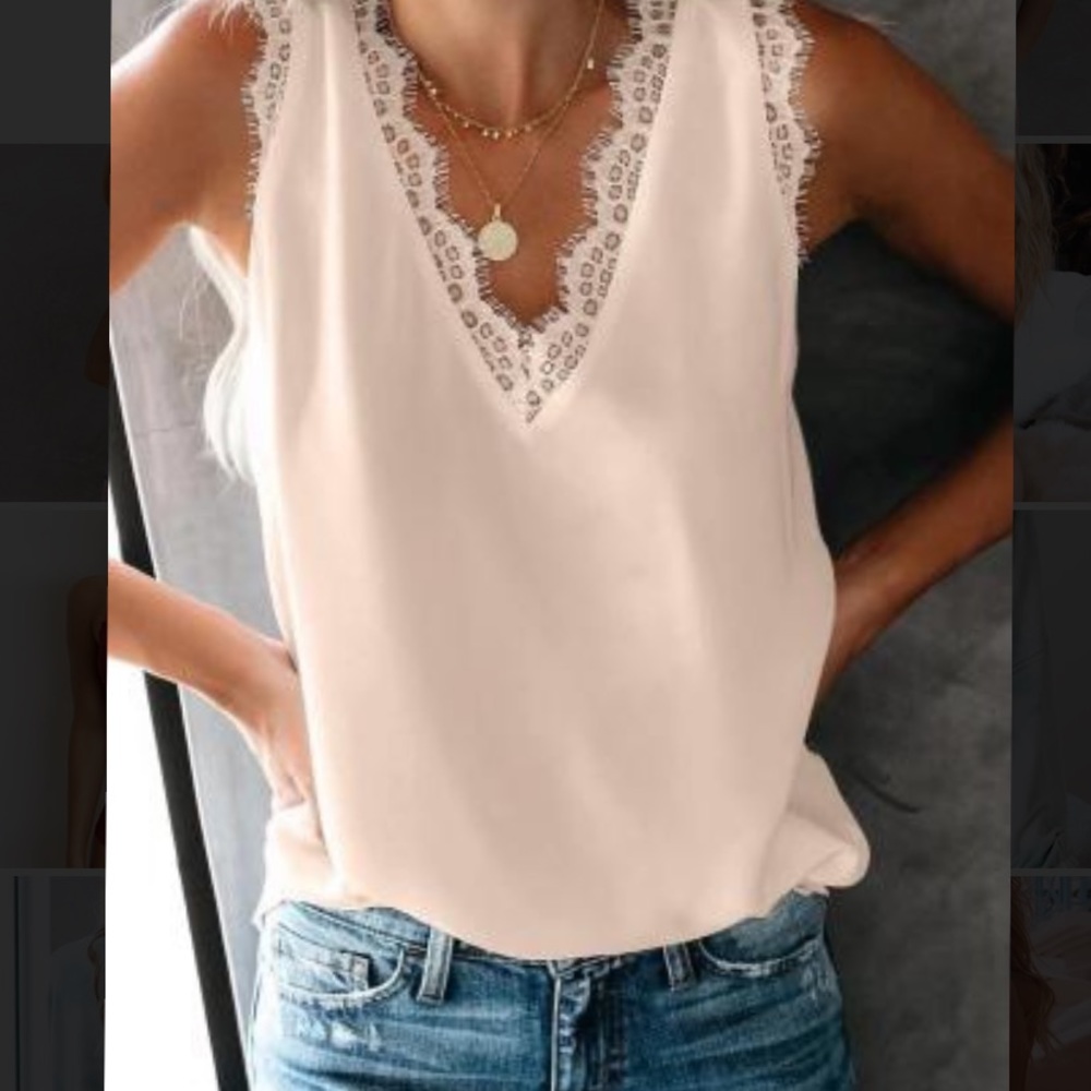 Nude Pink Sleeveless Eyelash Lace V Neck Tank Top